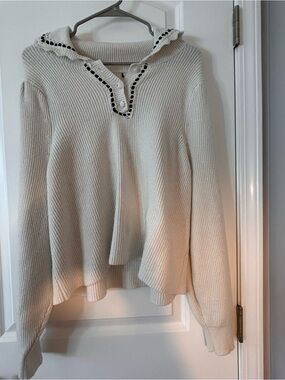 Cream Ruffled Collar Ribbed Sweater